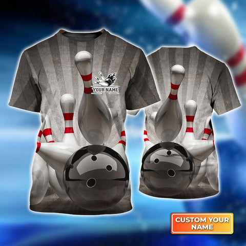 Maxcorners Bowling Ball Crashing into the Pins on Vintage Personalized Name 3D Shirt