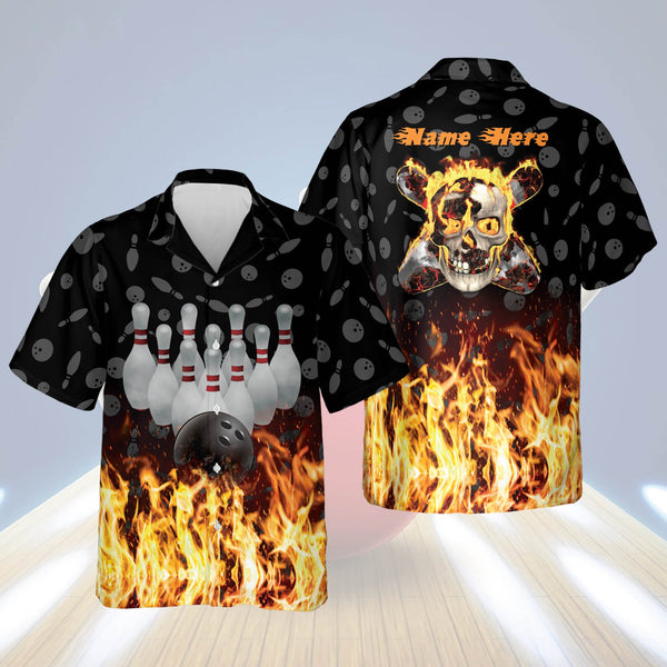 Maxcorners Flame Skull Personalized Name Hawaiian Shirt