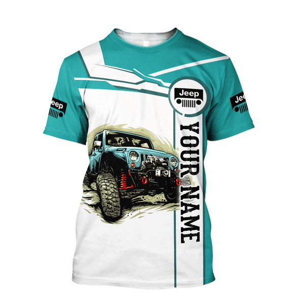 Maxcorners Jeep Car 3D Cyan Personalized Name Hoodie