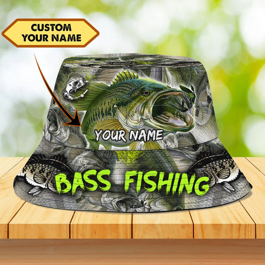 Maxcorners Bass Fishing Personalized Name 3D Over Printed Bucket Hat