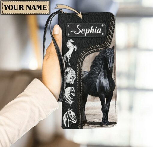 Maxcorners Horse Love Black Personalized Clutch