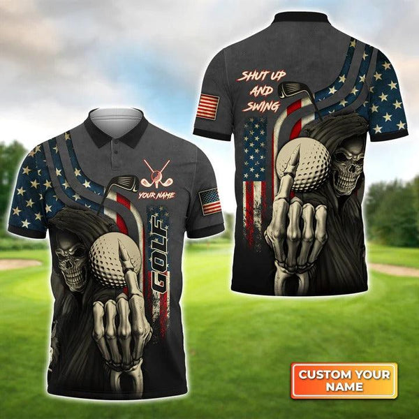 Max Corners American Flag Skull Golf Shut Up And Swing 3D Custom Polo Shirt