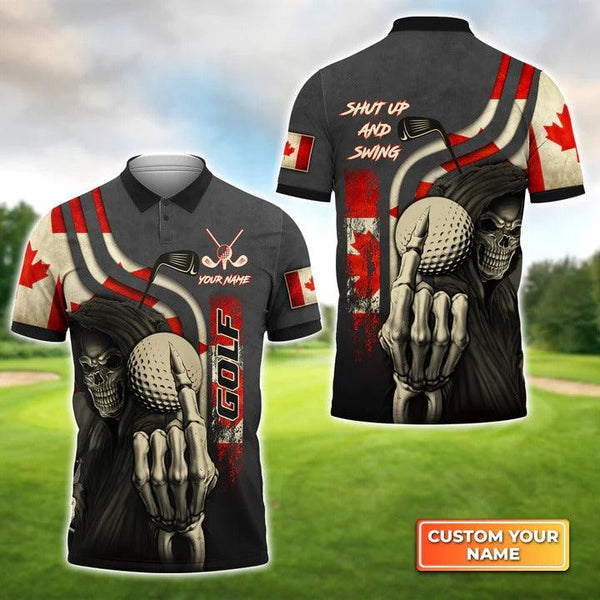 Max Corners Canada Flag Skull Golf Shut Up And Swing 3D Custom Polo Shirt