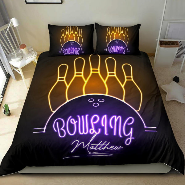 Maxcorners Bowling Pin Ball Neon Purple Yellow Player Personalized Name 3D Bedding Set