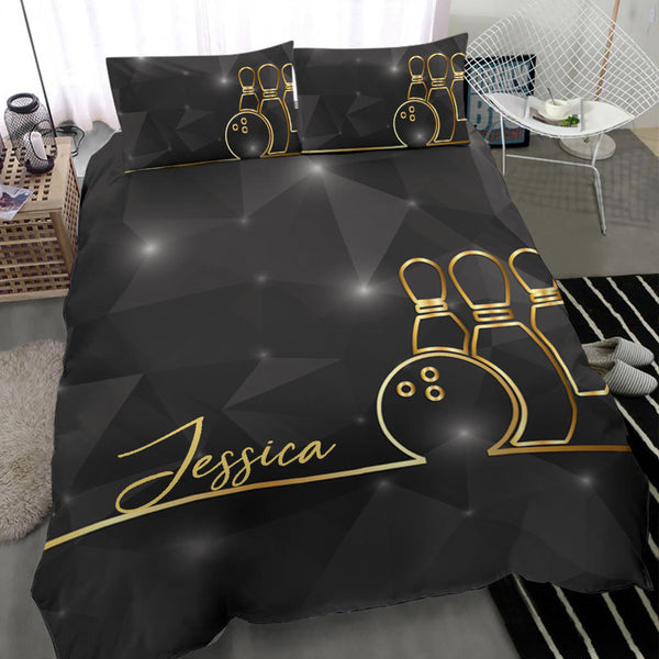 Maxcorners Bowling Pin Bowler Gold Line Player Personalized Name 3D Bedding Set