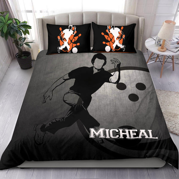 Maxcorners Bowling Boy Men Grey Black Player Personalized Name 3D Bedding Set