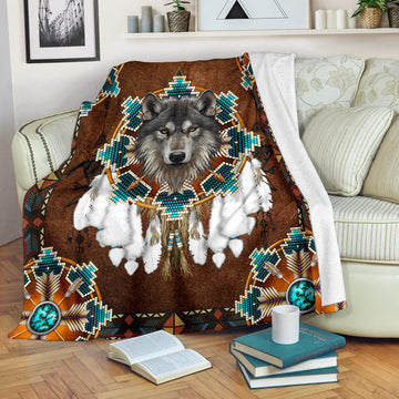 Maxcorners Blue Mandala Feather Wolf Native Blanket