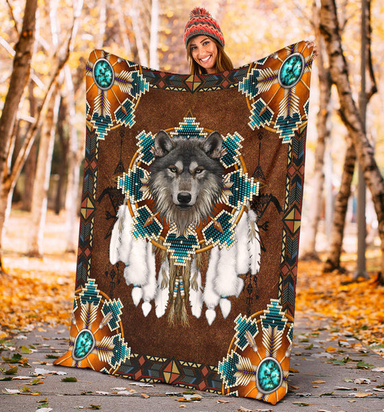 Maxcorners Blue Mandala Feather Wolf Native Blanket