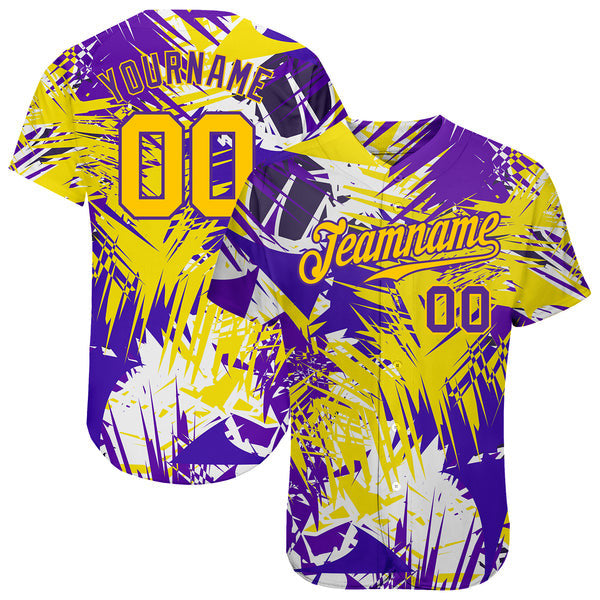 Custom Graffiti Pattern Gold-Purple 3D Authentic Baseball Jersey