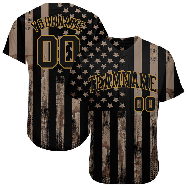 Custom Camo Black-Old Gold 3D Salute To Service American Flag Authentic Baseball Jersey