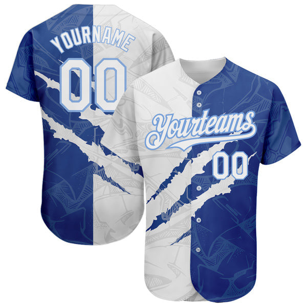 Custom Graffiti Pattern White Royal-Light Blue 3D Scratch Authentic Baseball Jersey