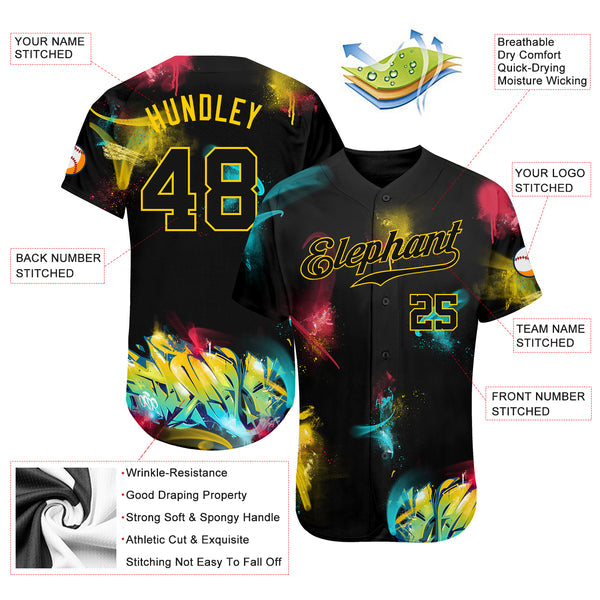 Custom Graffiti Pattern Black-Gold 3D Authentic Baseball Jersey