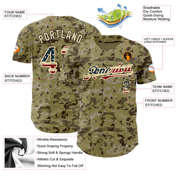 Custom Green Camo Vintage USA Flag-City Cream Authentic Salute To Service Baseball Jersey