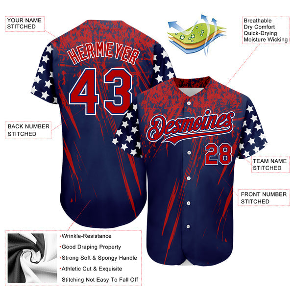 Custom Navy Red-Royal 3D American Flag Authentic Baseball Jersey