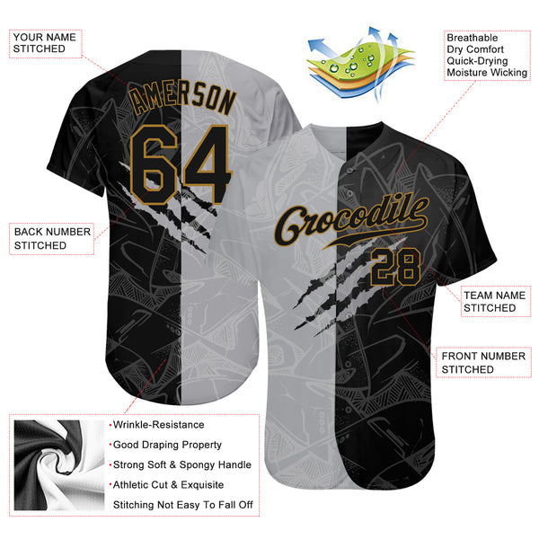 Custom Graffiti Pattern Black-Old Gold 3D Authentic Baseball Jersey