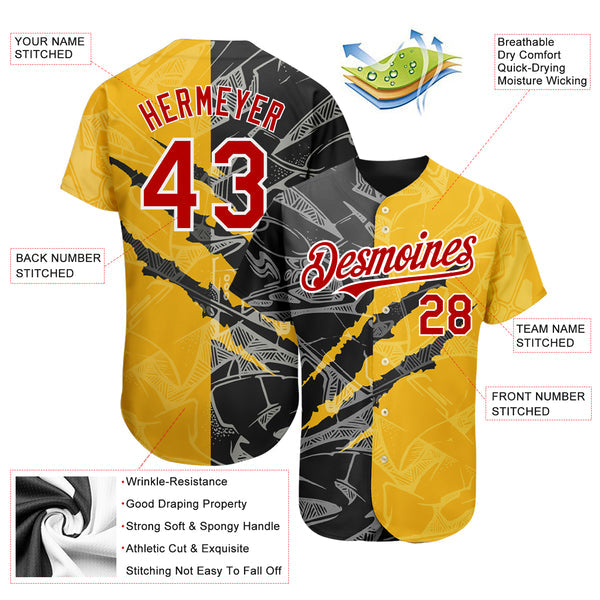 Custom Graffiti Pattern Red Yellow-Black 3D Scratch Authentic Baseball Jersey