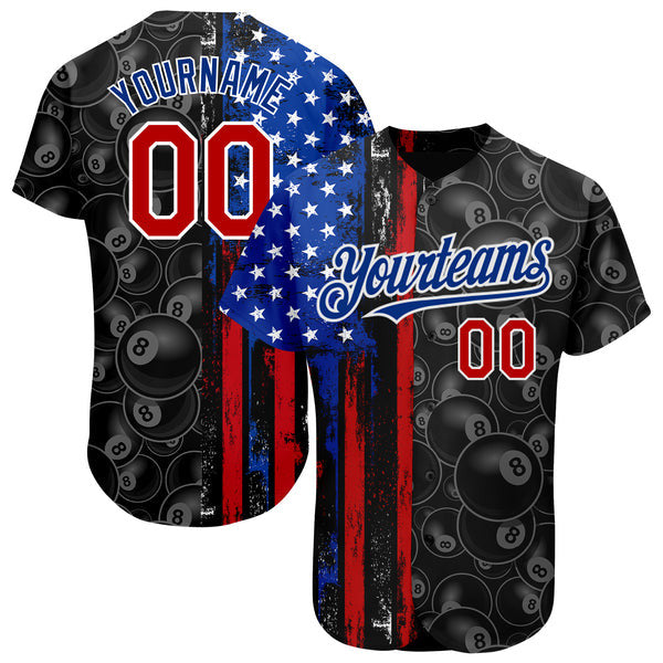 Custom Black Red-Royal 3D Pattern Design Billiards Snooker 8 Ball American Flag Authentic Baseball Jersey