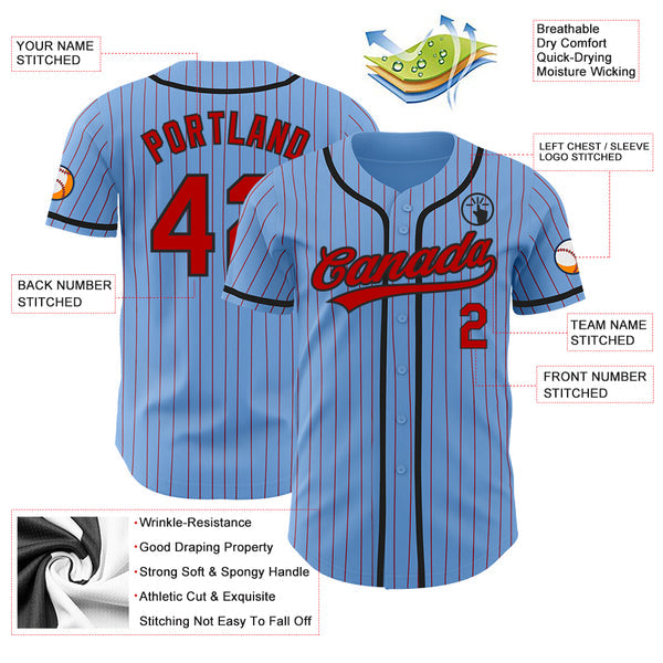 Custom Light Blue Red Pinstripe Black Authentic Baseball Jersey