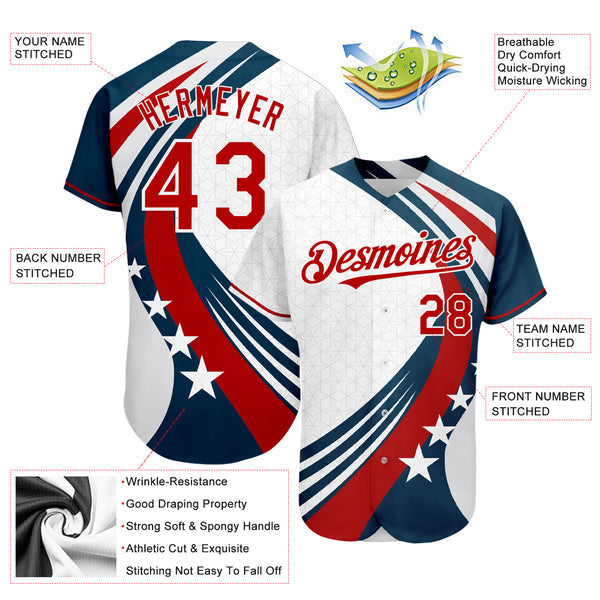 Custom White Red 3D American Flag Authentic Baseball Jersey