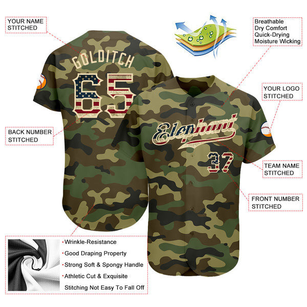 Custom Camo Vintage USA Flag-Cream Authentic Salute To Service Baseball Jersey