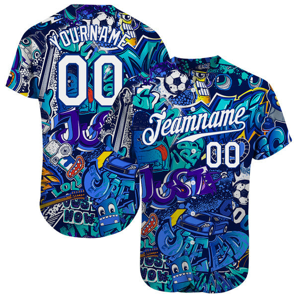 Custom Graffiti Pattern White-Royal 3D Authentic Baseball Jersey