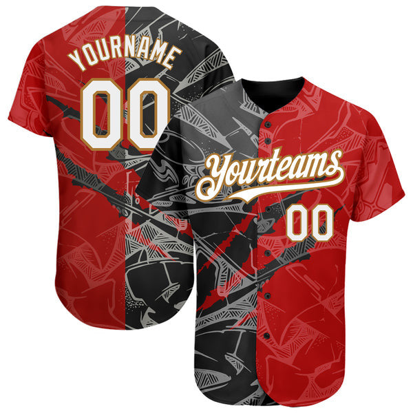 Custom Graffiti Pattern White Red Black-Old Gold 3D Scratch Authentic Baseball Jersey