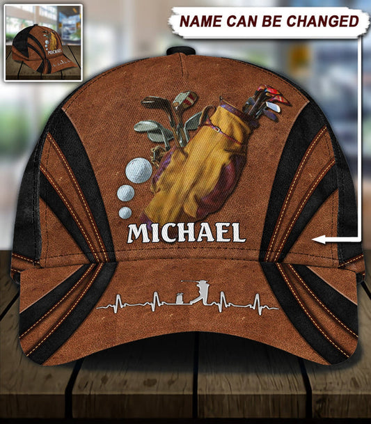 Maxcorners Golf Brown And Black Leather Classic Customized Name All Over Printed Cap
