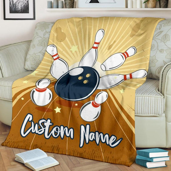 Maxcorners Light Brown Bowling Ball And Pins Customized Name Blanket