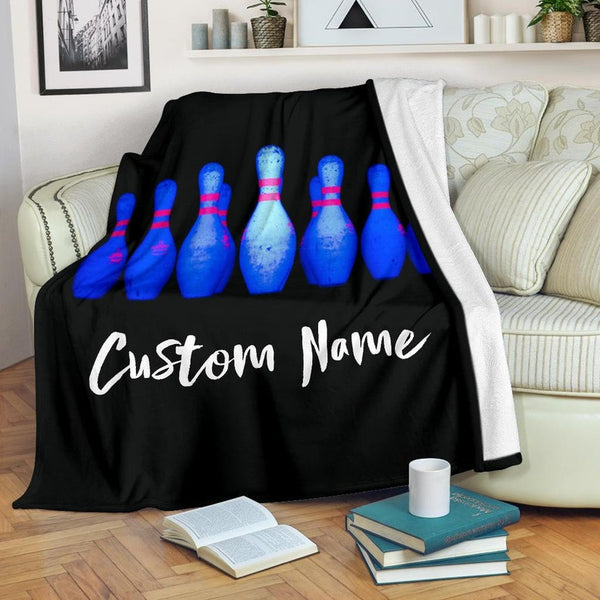 Maxcorners Bowling Blue Pins Pattern Customized Name Blanket