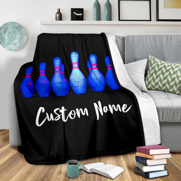 Maxcorners Bowling Blue Pins Pattern Customized Name Blanket