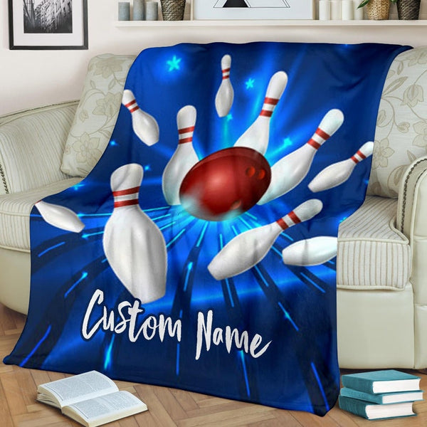 Maxcorners Light Blue Bowling Ball And Pins Pattern Customized Name Blanket