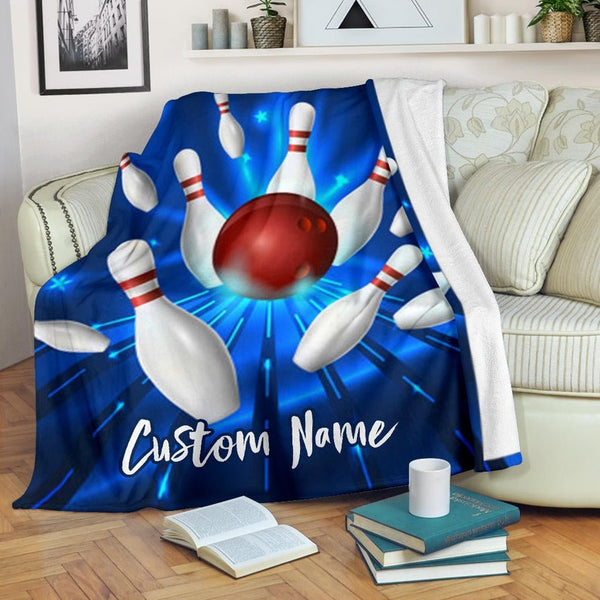 Maxcorners Light Blue Bowling Ball And Pins Pattern Customized Name Blanket