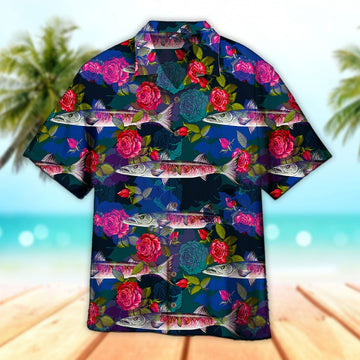 Maxcorners Unisex Fish Barracuda And Roses Hawaiian Shirt