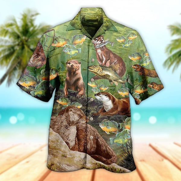 Maxcorners Unisex 3D A Busy Fishing Day Of Otter Hawaiian Shirt