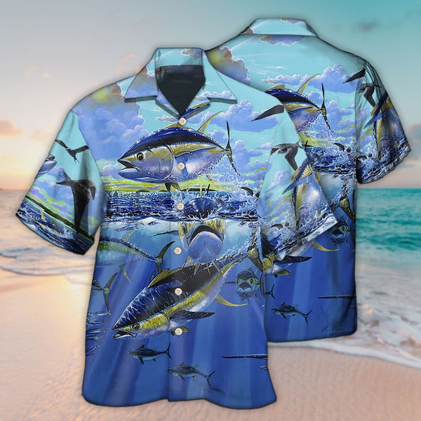 Maxcorners Unisex 3D Tuna Fishing Blue Sky Hawaiian Shirt