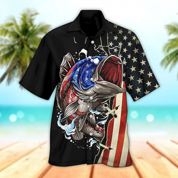 Maxcorners Unisex USA Flag Fishing Independence Day Hawaiian Shirt