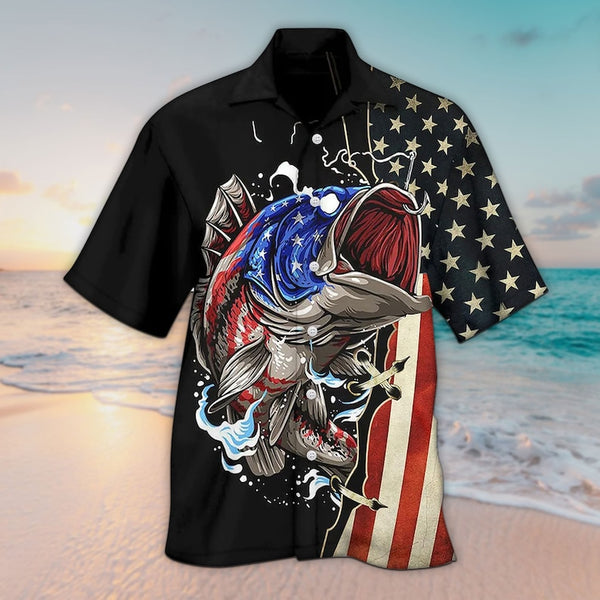 Maxcorners Unisex USA Flag Fishing Independence Day Hawaiian Shirt