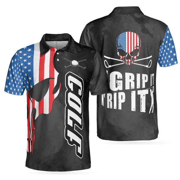 Max Corners Skull American Flag Men Grip It N' Rip It Skull Golf With American Flag Golf 3D Custom Polo Shirt