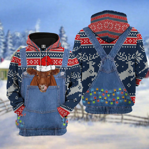 Maxcorners Red Angus Cattle Christmas Knitting Hoodie Pattern 3D