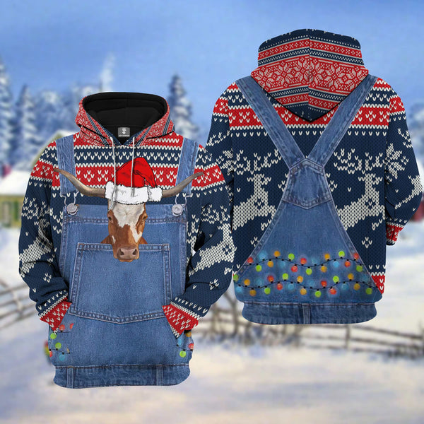 Maxcorners TX-Long Horn Cattle Christmas Knitting Pattern 3D Hoodie