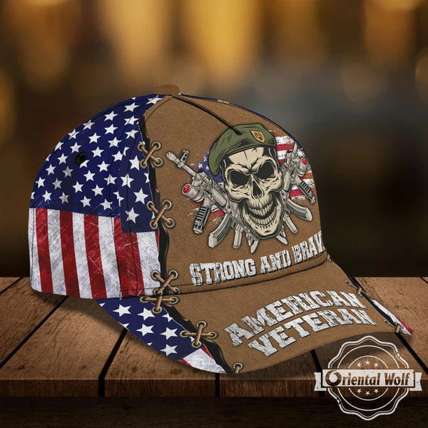 Maxcorners Strong And Brave Skull Us Veteran Flag - Cap