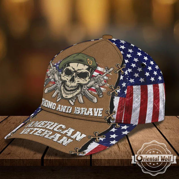 Maxcorners Strong And Brave Skull Us Veteran Flag - Cap