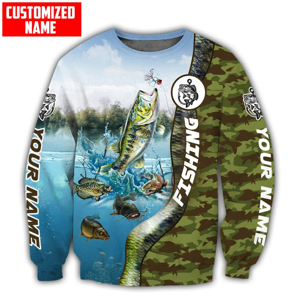 Maxcorners Bass Jumping Fishing Lake Personalized Name 3D Shirt